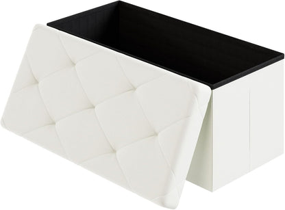 DUMOS 30 Inches Folding Ottoman with Storage Bench, Foot Rest Stool, End of Bed Storage Bench Upholstered, Load 660 lbs, for Living Room, Lychee Grain Leather, Beige