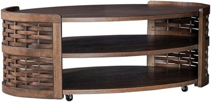 Pemberly Row 3 Piece Living Room Table Set, Rubberwood and Oak Veneer, Coffee Brown Finish, Includes Oval Cocktail Table with Casters and 2 Round End Tables, Basketweave Design, Shelves, Contemporary