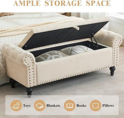 51" Storage Bench for Bedroom, Upholstered Ottoman Bench, Chenille Beige | End of Bed Bench for Bedroom, Window Benches for Living Room, Entryway, Ottoman with Large Storage Space, Pet Friendly