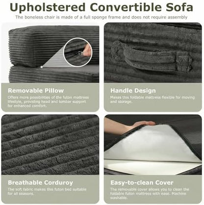 5-in-1 Convertible Sofa Bed, Loveseat, Tri-fold Futon Sofa Bed with Removable Cushions & Washable Cover, Pull Out Couch with Handle, for Small Spaces, Queen Size, Grey