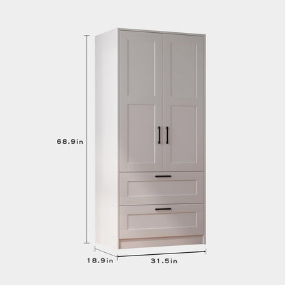 Fenghua Lizhi Wood White Wardrobe Closet with 2 Doors and 2 Drawers，Bedroom Freestanding Armoire Storage Cabinet with Shelves，Wooden Wardrobe Combination for Hanging Clothes (White 2 Drawers)