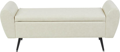 Faux Leather Storage Bench for Bedroom, Extra Long Bench for King Size Bed, Modern Upholstered End of Bed Ottoman Bench with Arms for Entryway Living Room (Faux Leather-Beige)