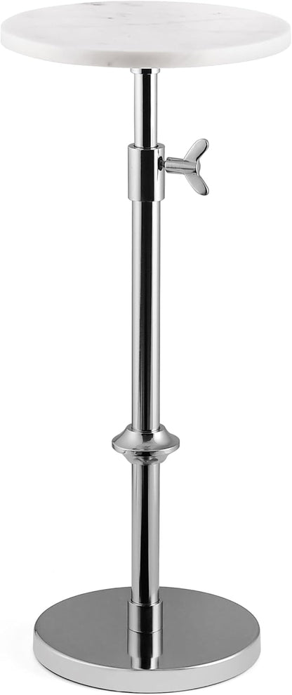 Modern Chrome Side Table Adjustable Height – Polished Chrome Finish Bedside Table, Coffee Table or Plant Stand, 29” Tall with Marble Top and Aluminium Iron Frame for Bedroom, Bathroom, or Living Room