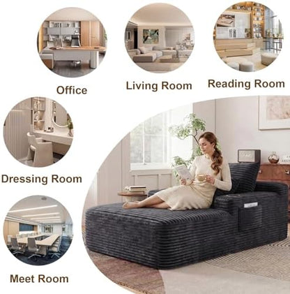 65" Oversized Chaise Lounge Chair Indoor, Chaise Lounge Chair with Cup Holders Side Pockets 3 Pillows, Cloud Corduroy Chaise Sofa Bed Sleeper Couches for Living Room No Assembly Require,Grey
