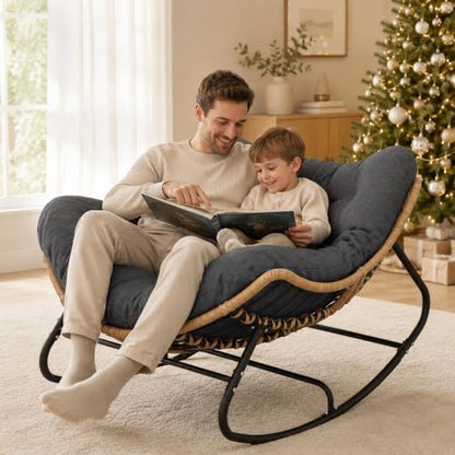 SWITTE Papasan Rocking Chair, Outdoor Wicker Egg Rocker with Cushion, Grey | Comfy Oversized Reading Chair, Cozy 30°-Rock Bed with 6" Cushion, Steel Frame 450LBS Capacity for Patio Porch Lawn