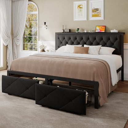 Einhomn King Size Bed Frame with 2 Storage Drawers, Metal Platform Bed with Charging Station, Upholstered Linen Button Tufted Storage Headboard, No Box Spring Needed, Noise-Free, Easy Assembly, Black
