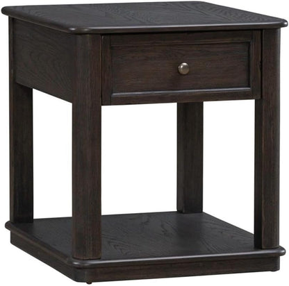 Pemberly Row 3 Piece Table Set, Rubberwood and Oak Veneers, Aged Oak Finish, Includes Cocktail Table with Lift Tops and Casters, 2 End Tables with Drawers, Antique Pewter Knobs, Living Room Furniture
