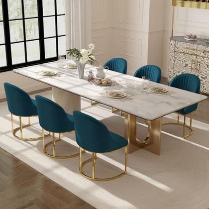 Velvet Dining Chairs Set of 4, Modern Dinning Room Chairs with Golden Metal Frame & Legs, Upholstered Kitchen Chair Armless Accent Side Chairs for Living Room/Kitchen/Dining Room, Teal Blue
