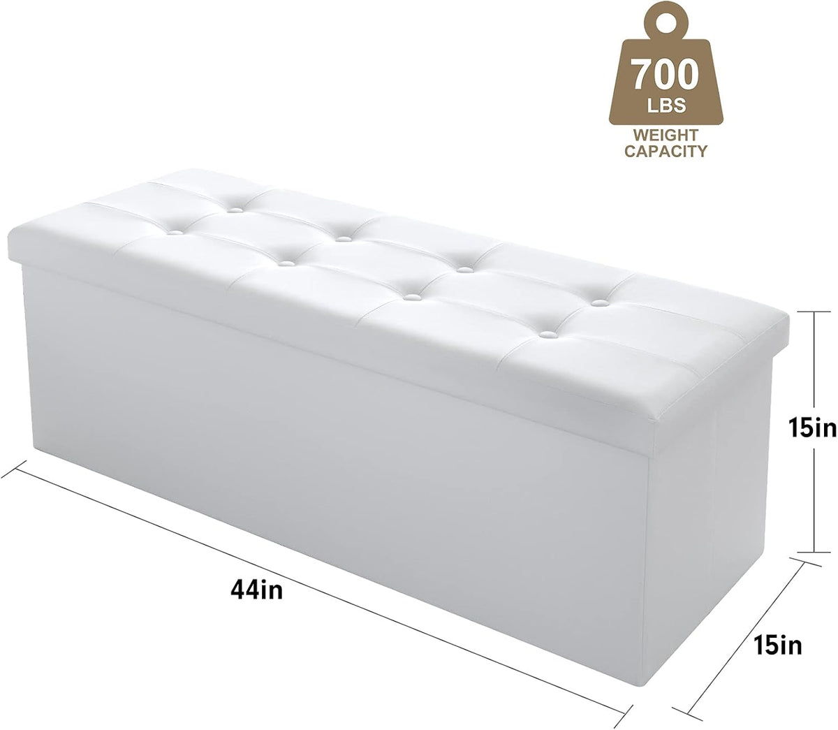 Camabel 43 Inch Folding Storage Ottoman Bench 120L Hold up 700lbs Ottoman with Storage Chest Foam Seat Padded Foot Rest Stool Faux Leather Bedroom Bench Coffee Table White