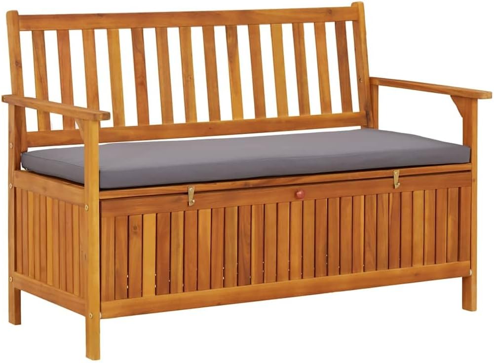 Solid Acacia Wood Patio Storage Bench 47.2 Inch with Seat Cushion, Wooden Outdoor Bench with Large Storage Compartment and Armrests