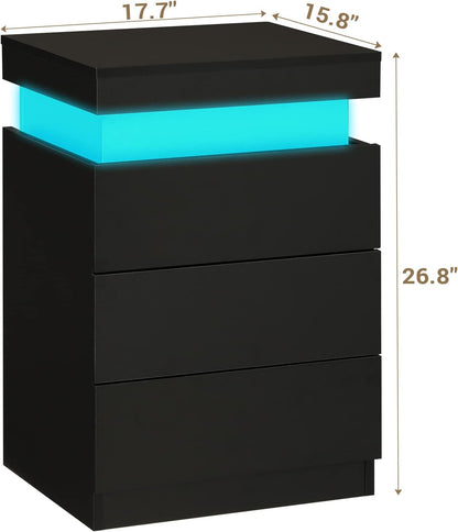 ADORNEVE Black Nightstand with Charging Station and LED Lights | Modern Night Stand with Sliding Top,Bedside Table with Drawers,Bed Side Tables Bedroom