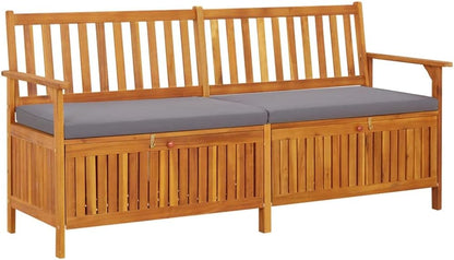 67 Inch Outdoor Storage Bench, Solid Acacia Wood Garden Bench with Thick Cushion, 3-Seater Patio Seating for Terrace and Backyard, Large Rectangular Wooden Chest