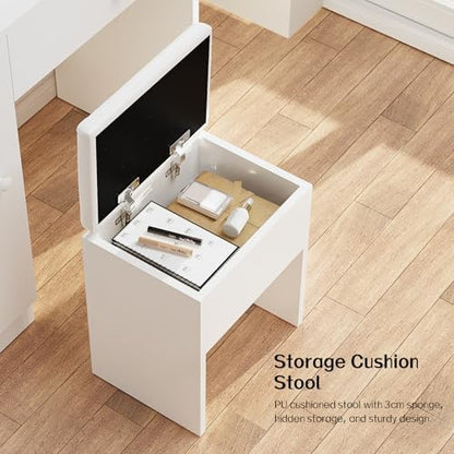 Haewon White Makeup Vanity Desk with Lighted Mirror and Storage Chiar Set | 11 LED Light Bulbs, 3 Lighting Modes, Built-In Charging Station, Storage Cabinet and Drawe for Bedroom