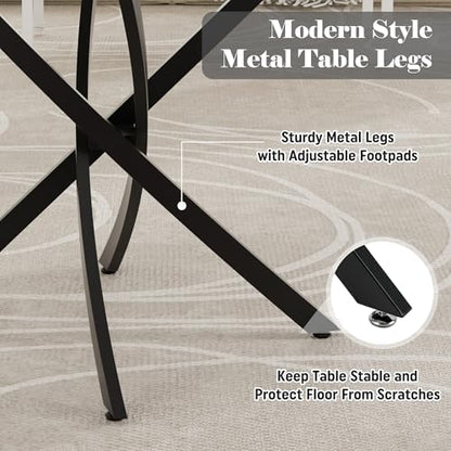 Dining Table Set for 4, 47" Round Kitchen Table with 4 Leather Dining Chairs, Tempered Glass Top with Metal Legs(All Black)