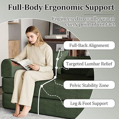 53.15'' Convertible Compressed Corduroy Folding Cloud Sofa Bed, Modern Pull Out Loveseat Sleeper in a Box, 4 in 1 Floor Mattress Futon Cloud Couch, No Assembly Needed, Green, 2 Pillows, Full