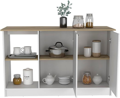 Kitchen Island with Four Open Shelves and Two Cabinets | Multicolor design with light oak and white finish