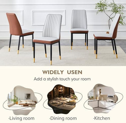 Dining Room Chairs Set of 6, Leather Two-Tone Leather Upholstery Kitchen Chairs with High Back, Vertical Channel Stitching, Powder-Coated Black Metal Legs for Dining Room, Kitchen, Living Room