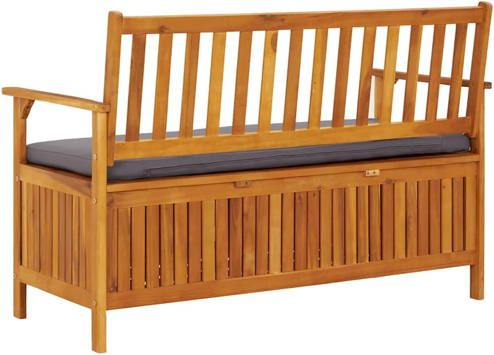 Solid Acacia Wood Patio Storage Bench 47.2 Inch with Seat Cushion, Wooden Outdoor Bench with Large Storage Compartment and Armrests