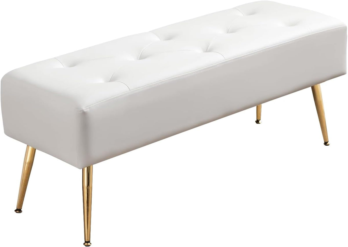 Furnimart Upholstered Tufted White Bench Ottoman with Padded Seat, Footrest Foot Stool with Sturdy Metal Leg, White Leather Bench for Bedroom Living Room Entryway