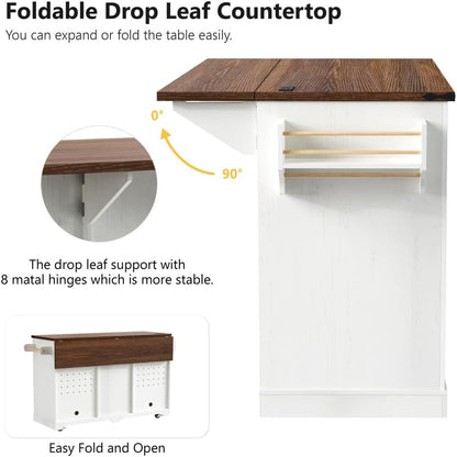 Merax 72" L White Rolling Kitchen Island with Fridge Storage Space | Coffee Bar Cabinet Kitchen Table on Wheels with Drop Leaf, 4 Drawers, Sliding Barn Door and Glass Holder