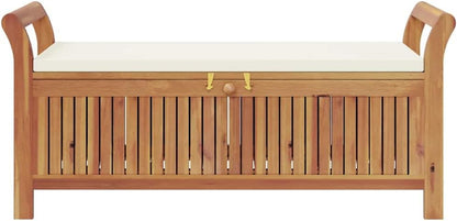 Solid Acacia Wood Patio Storage Bench with Cushion, 49.6 Inch Outdoor Garden Bench with Curved Arms and Ample Storage Space