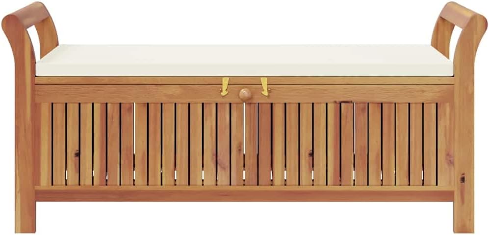 Wooden Garden Storage Bench 49.6" Solid Acacia Patio Storage Bench with Cushion, Outdoor with Curved Arms and Extra Seat Cushion