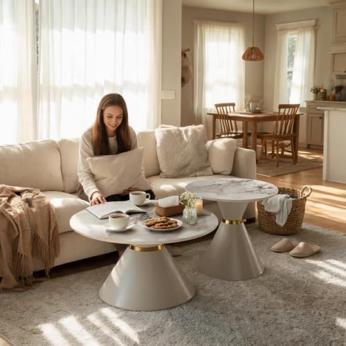 Set of 2 Nesting Coffee Table Round Faux Marble Top Coffee Tables with Base | Conical Base Nesting Coffee Table Set of 2, Round Marble‑Effect Top Stackable Coffee Tables for Small Space Living Room