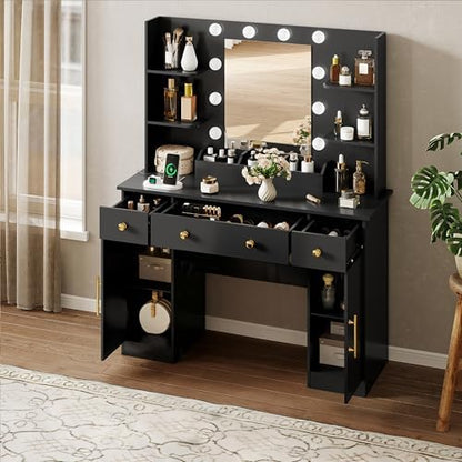 HUANLEGO Vanity Desk with Mirror and Lights, Makeup Vanity with Mirror and LED Lights & Power Outlet, 3 Drawers and Cabinets, 3 Lighting Modes Dressing Table Set for Girls Women Bedroom,Black