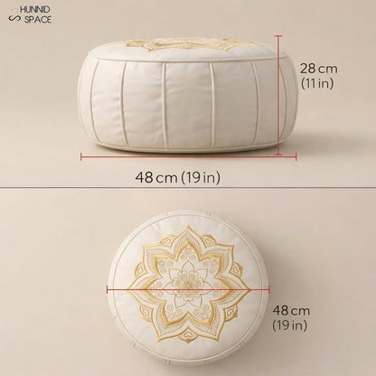 Round Pouf Cover, Premium Leather Ottoman Cover 19in / 48cm, Unstuffed Floor Pouf with Handcrafted Embroidery, Boho Footrest for Living Room, Meditation Cushion, Home Decor (Cream Beige)