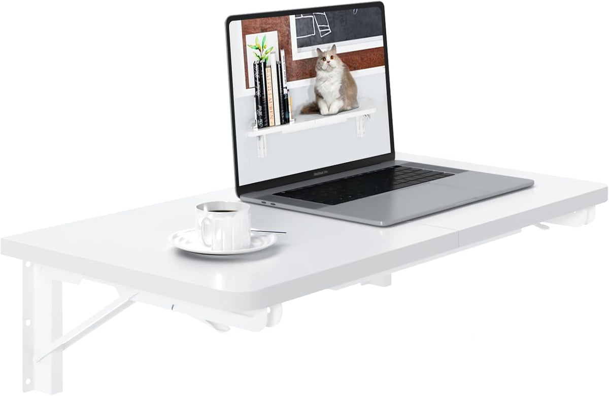 TEAMIX Wall Mounted Desk, White Folding Desk for Small Spaces Floating Shelf Organizer with Heavy-Duty Brackets for Home Office