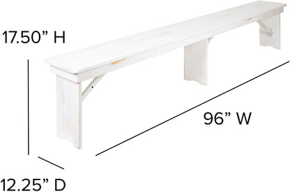 Flash Furniture Hercules Commercial Grade Farmhouse 3 Leg Bench - Solid Pine Foldable Bench with Seating for 4 - 8'x12" - Antique Rustic White