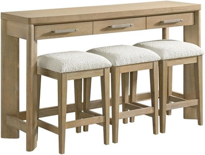 Pemberly Row Oak Console Table Set, Sand Dune Beige Finish, Solid Wood Construction with 3 Drawers & 3 Upholstered Stools, Coastal-Inspired Space-Saving Design for Entryway or Living Room