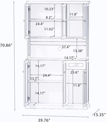 LUMISOL 71" Kitchen Pantry Storage Cabinet with Microwave Oven Countertop, Freestanding Hutch Cabinet with Adjustable Shelves, 6 Doors and 1 Drawer, White
