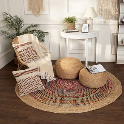 · REDEARTH · Jute Pouf Ottoman - Circular Boho Foot Stool - Jute Natural | Jute, 19.5"x19.5"x14"; Braided Pouffe Accent Sitting, Doubles as Foot Rest for Living Room, Patio, Outdoor, Bedroom