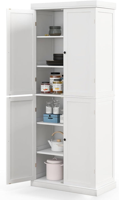 TANGZON 184CM Tall Kitchen Cupboard, 6-Tier Pantry Storage Cabinet with 4 Doors, 2 Adjustable Shelves & Anti-tipping Device, Freestanding Wooden Sideboard Unit for Dining Living Room (White)
