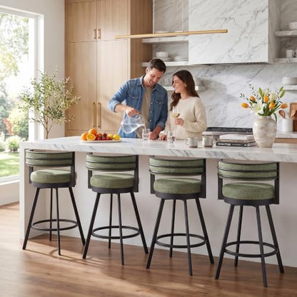 Flouki Swivel Counter Height Bar Stools Set of 2, Upholstered 26.6" Modern Counter Stools with Arms, Linen Barstools with Back and Metal Base for Kitchen Island, Dining Room, Green Linen Fabric