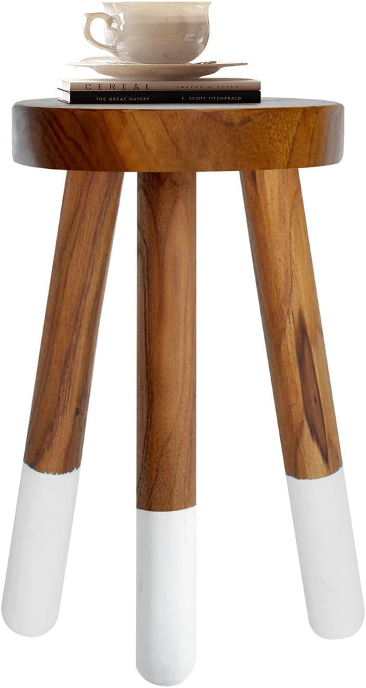 Teak Wood 9" Round Plant Stand |Dip Dyed Plant Stand |Accent Stool |Milking Stool |Bath Stool |Small Side Table (16" Tall White)