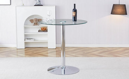 A Glass Tabletop with a Diameter of 35 inches and a Modern Minimalist Circular Dining Table with electroplated Silver Metal Legs. Suitable for Restaurants, Living Rooms, and Conference Rooms.BT-1166