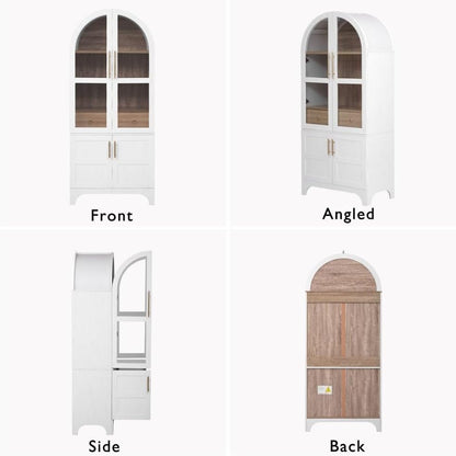 71 Inch Farmhouse Kitchen Pantry Storage Cabinet with Doors, Open Shelf, Hidden Drawer, Adjustable Shelves, Glass Door, Cupboard for Dining Room (Retro White Arched Pantry Cabinet+ MDF)