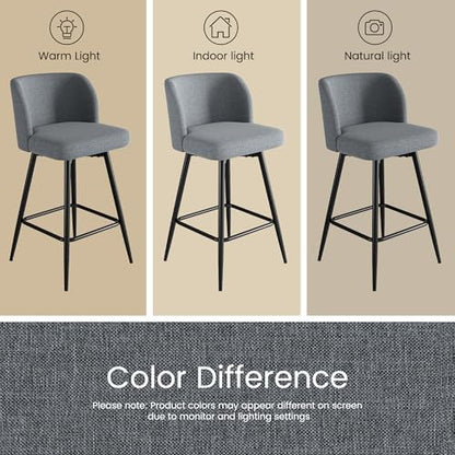 Swivel Bar Stools Set of 2, 26" Counter Height Bar Stools with High Back and Metal Legs, Fabric Bar Chairs, Modern Barstools for Kitchen Island, Light Grey