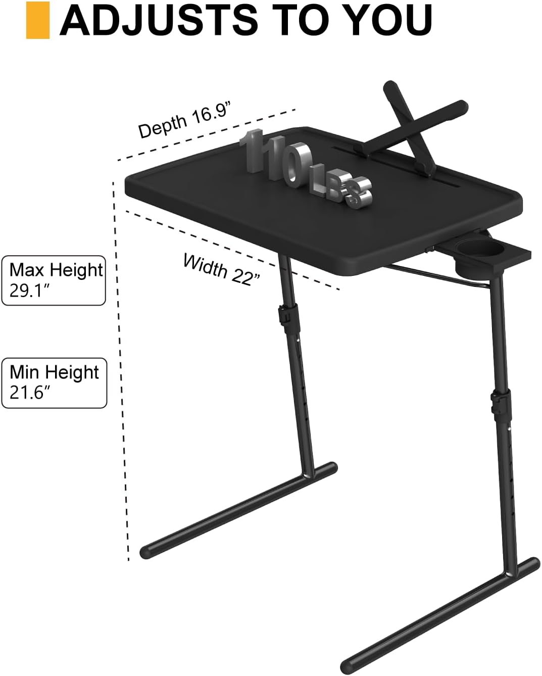 TV Tray Table, XL PRO TV Dinner Tables, 16.9 x 22 x 29.1inch Folding Desk with Cup Holder and Tablet Slot, Adjustable Couch Desk with 6 Height & 3 Tilt Angle Adjustments, Laptop Desks, 2 Pack