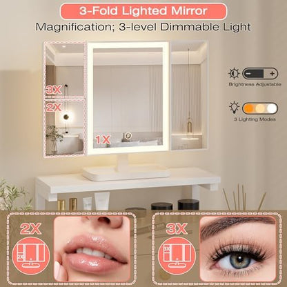 HIGDBFE Vanity Desk with Mirror and Lights 28.4''W Small Makeup Vanity | Vanity Table with Height-Adjustable Stand, 2 Fabric Drawers Compact Makeup Desk, Gift for Girls, Bedroom Small Space, White