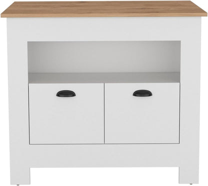 Kitchen Island Two Door Cabinet and Shelf in Multicolor | Includes two cabinet doors and a shelf for storage