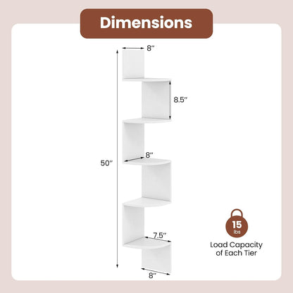 GIANTEX Corner Shelf Wall Mounted Set of 2, 5-Tier Floating Corner Bookshelf, Home Storage Organizer, Wooden Display Stand Rack for Wall, Plant Shelf for Living Room, Bedroom, Kitchen, White