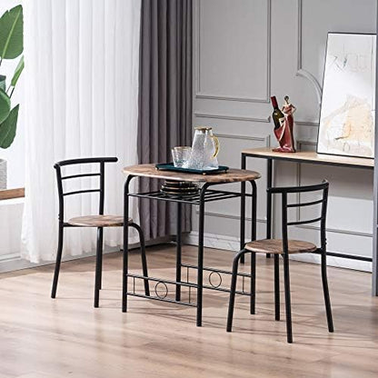 VINGLI 3 Piece Dining Set, Small Kitchen Table Set for 2, Breakfast Table Set, Kitchen Wooden Table with 2 Chairs for Small Space/Dining Room/Apartment, Metal Frame, Wine Rack, Burnt Brown