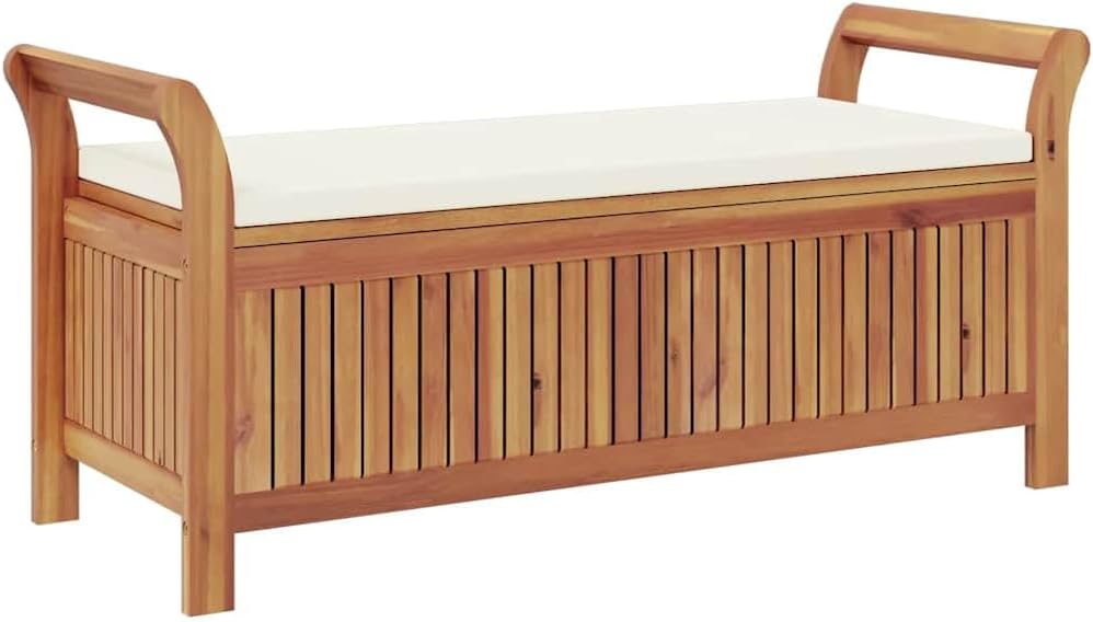 Wooden Garden Storage Bench 49.6" Solid Acacia Patio Storage Bench with Cushion, Outdoor with Curved Arms and Extra Seat Cushion