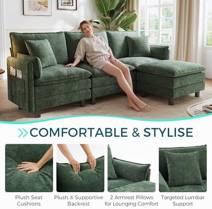 LINSY HOME 98'' Modular Sectional Sofa 3 Seat Couch Chenille Cloud Couch with Deep Seat, L Shaped Couch with 1 Movable Ottoman for Living Room, Office, Bedroom, Green(Pillows Included)