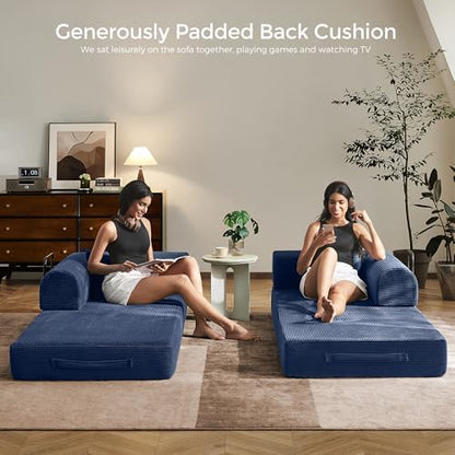 79" Convertible Futon Sofa Bed, Couch for Living Room | Blue | Folding Corduroy Sleeper Sofa, Modular Futon Couch with Fixed-Shape Frame, Pull Out Couch No Assembly