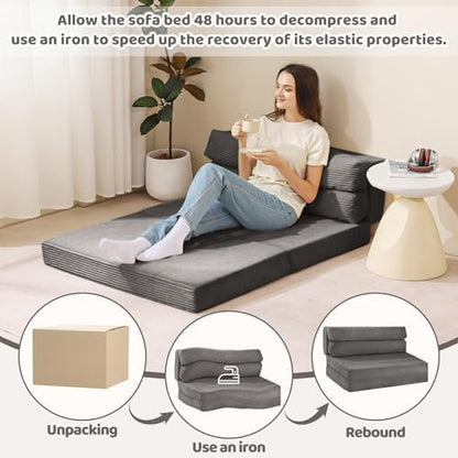 JUIKURY Folding Sofa Bed, Convertible Sleeper Chair with Pilow Foldable Matress, 2 in 1 Pull Out Loveseat Sofa Portable Fold Out Chair Bed Floor Couch Lounge for Living Room Bedroom (Grey, Full)