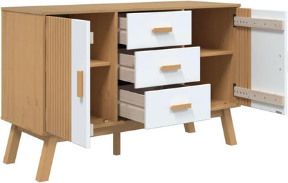 White and Brown Solid Pine Wood Sideboard with Multiple Drawers and Doors for Dining Room Living Room Hallway Storage Modern Scandinavian Design Furniture